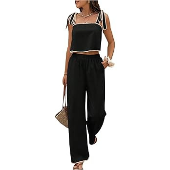 SOLY HUX Women's Summer Vacation 2 Piece Set Tie Shoulder Crop Top and Pants Travel Outfits | Amazon (US)