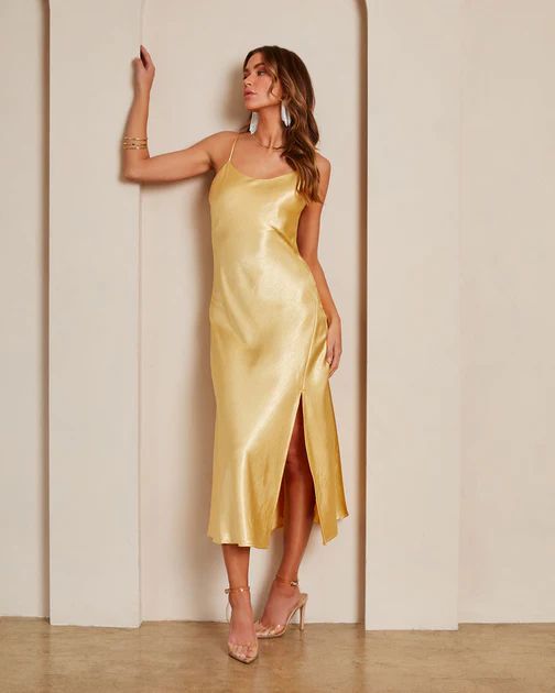 Claire Satin Side Slit Midi Dress - Gold | VICI Collection