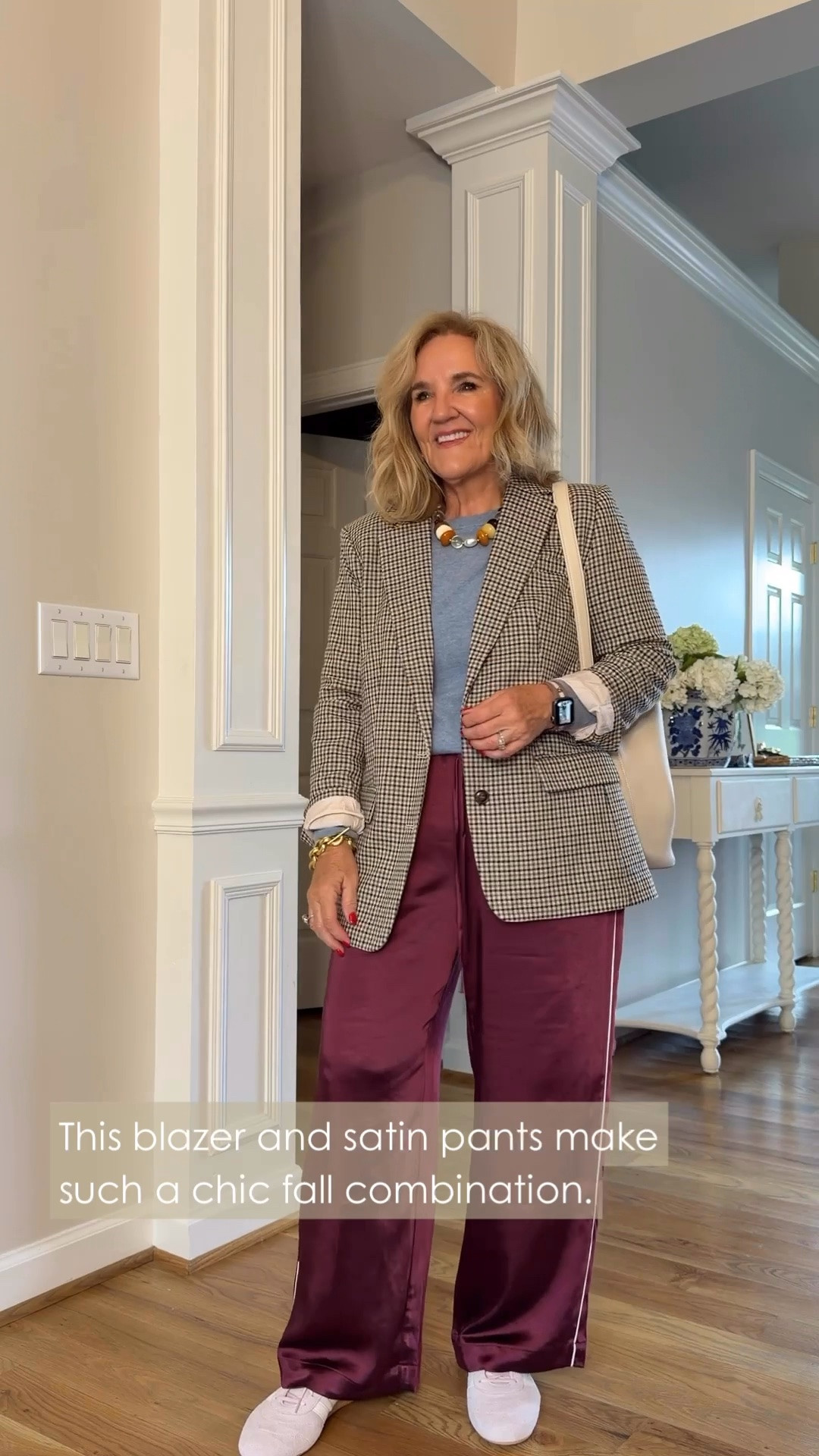 I wouldn't have thought to pair a checked blazer with satin track pants, but I really like how it works! I'm wearing an 8 petite in the blazer, a medium in the cashmere sweater, and a medium petite in the pants.