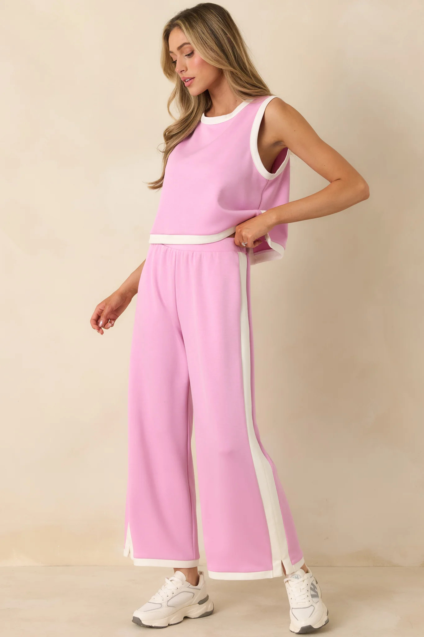 In Good Form Orchid Pink Stretch Knit Contrast Trim Pants | Red Dress