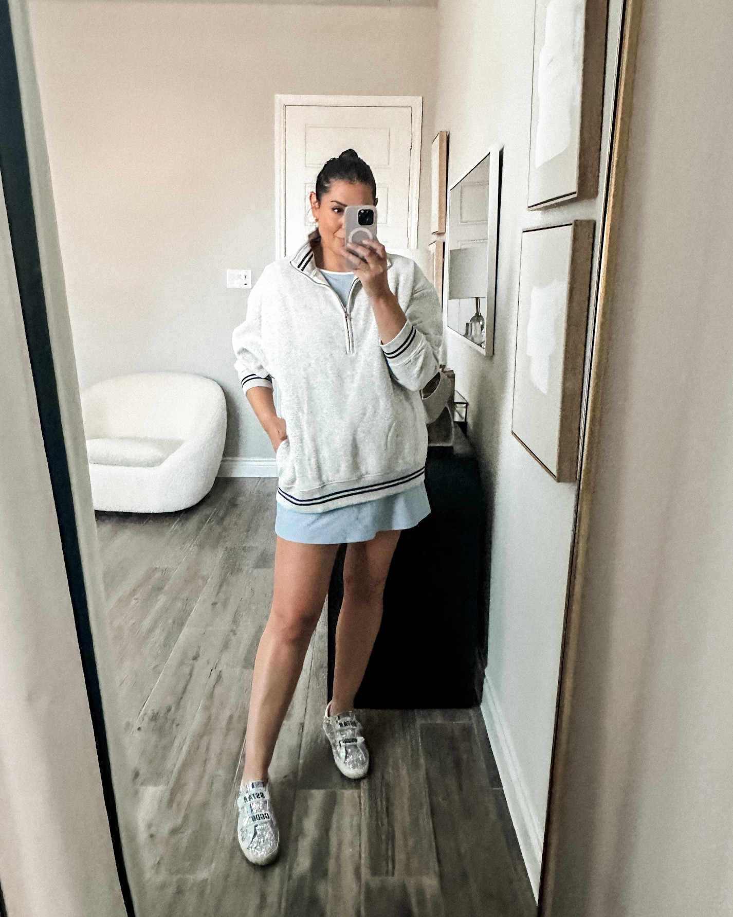 Here is that sweatshirt fully untucked! It runs very generously / big. I do like the length, but I think I’d prefer  a tighter / tailored fit. This is the large, size down if in between sizes.

Jeans in slide 2: Another pair of denim I’m obsessed with! This one too is 25% off today. I am in the 30 and they run slightly loose but I found them to be TTS. I also got the long and they are plenty long.

For those who are nervous about the low-rise / mid-rise -- these fit right below my belly button. They aren’t low rise as in 2000s Silver Jeans. *TW* 
I would say TTS with a loose relaxed fit. 

#LTKxAF #LTKFindsUnder100