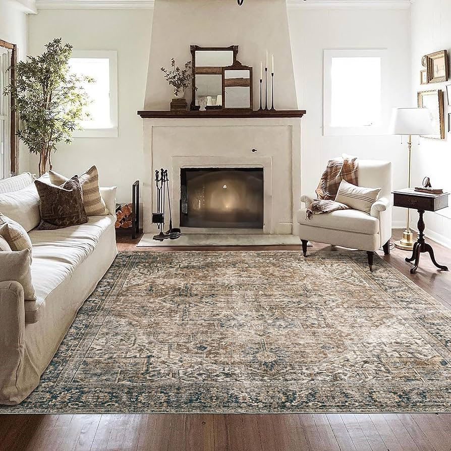 Brown Area Rug 5x7 Machine Washable Rug Brown Living Room Rug Modern Farmhouse Rug Low Pile Non S... | Amazon (US)
