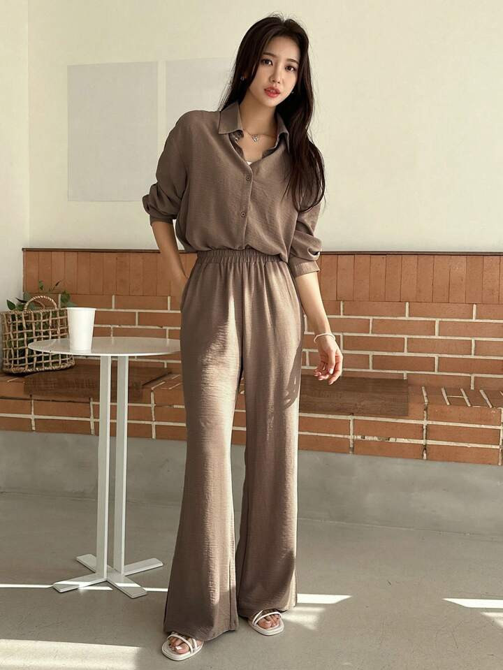 DAZY Solid Button Front Shirt & Wide Leg Pants | SHEIN
