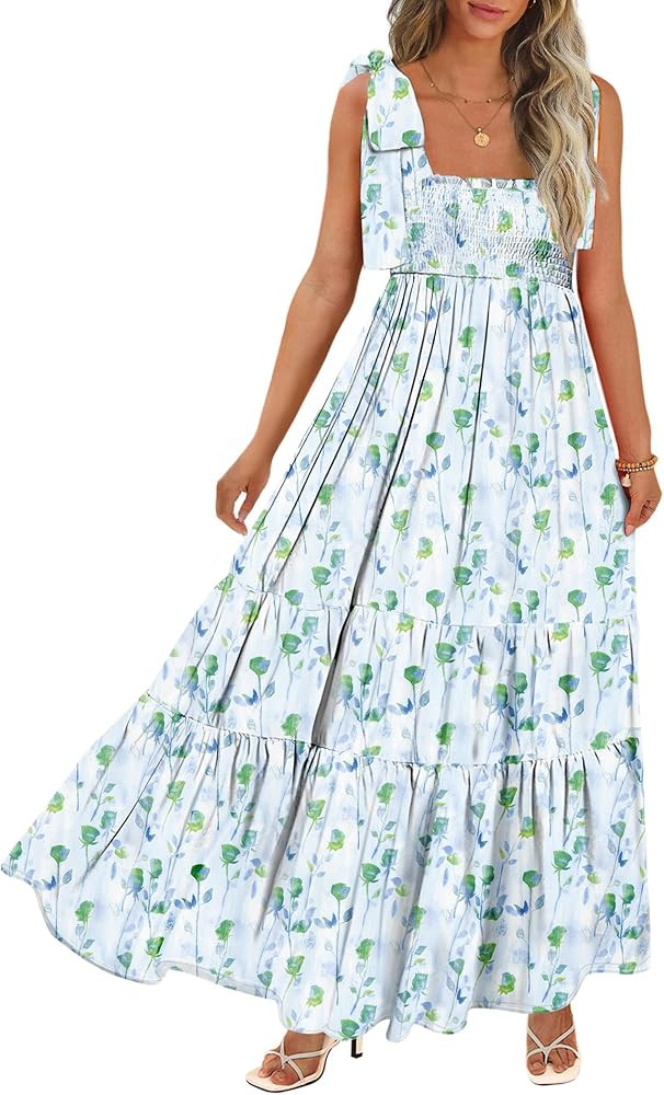 Women's Summer Maxi Dress Boho Spaghetti Straps Casual Long A-line Smocked Beach Dress Square Nec... | Amazon (US)