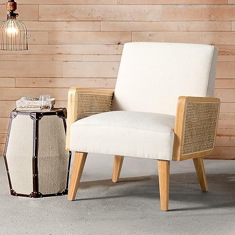 TINA'S HOME Accent Chair, Mid Century Modern Armchair with Rattan Armrest and Wood Legs, Upholste... | Amazon (US)