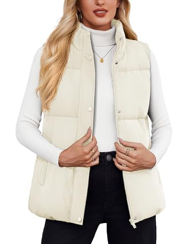 YUCOLEN Down Puffer Vest for Women 2025 Warm Winter Quilted Padded Puffy Vests with Pockets Stand Collar Zip Up Coat BeigeWhite | Amazon (US)