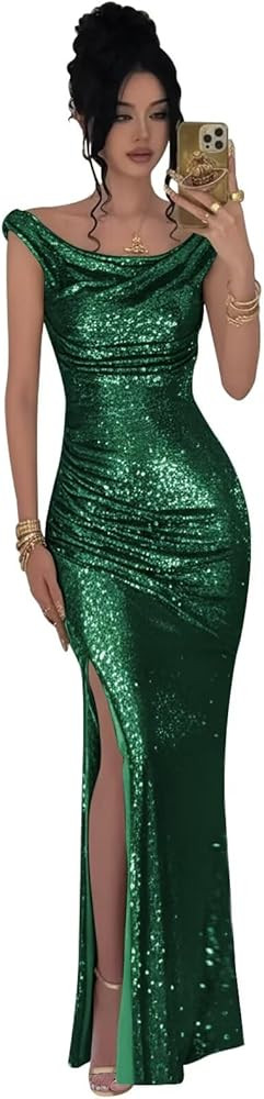 Sequin Mermaid Prom Dresses for Women Teens Off The Shoulder Long Cocktail Dresses Pleated Evenin... | Amazon (US)