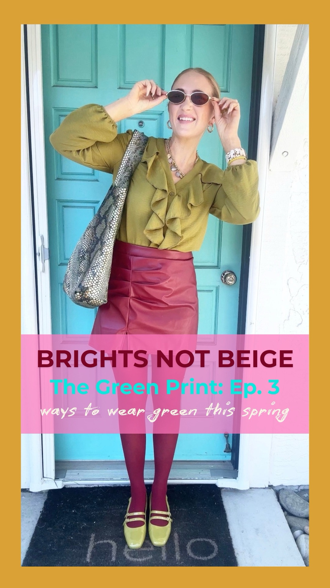 The Green Print: Chartreuse + Wine Red 🍷🍏 Episode 3 is here! Today we’re breaking the "neutral" rules with this vibrant combo. I’ve paired a wine red faux leather skirt with a ruffled chartreuse blouse and matching Mary Janes.

Style Tip: Use textures like snakeskin (love this Latico bag!) to add depth to your bright colors.

Wearing size L in tights and skirt, M in top at 140 lbs and 5’7” for reference. Shoes size 1/2 size up! 

Shop the full look below! ✨ 

#LTKunder100 #LTKstyletip #TheGreenPrint #BrightsNotBeige #ColorfulFashion #SpringLook

chartreuse and wine red outfit, brights not beige series, dopamine dressing 2026, colorful spring fashion, Latico Leathers styling, green and red color blocking, fair skin beauty fashion, dopamine dressing, colorful style, snakeskin tote, happy ootd, HOC spring

#LTKgrwm #LTKootd #LTKdayinmylife