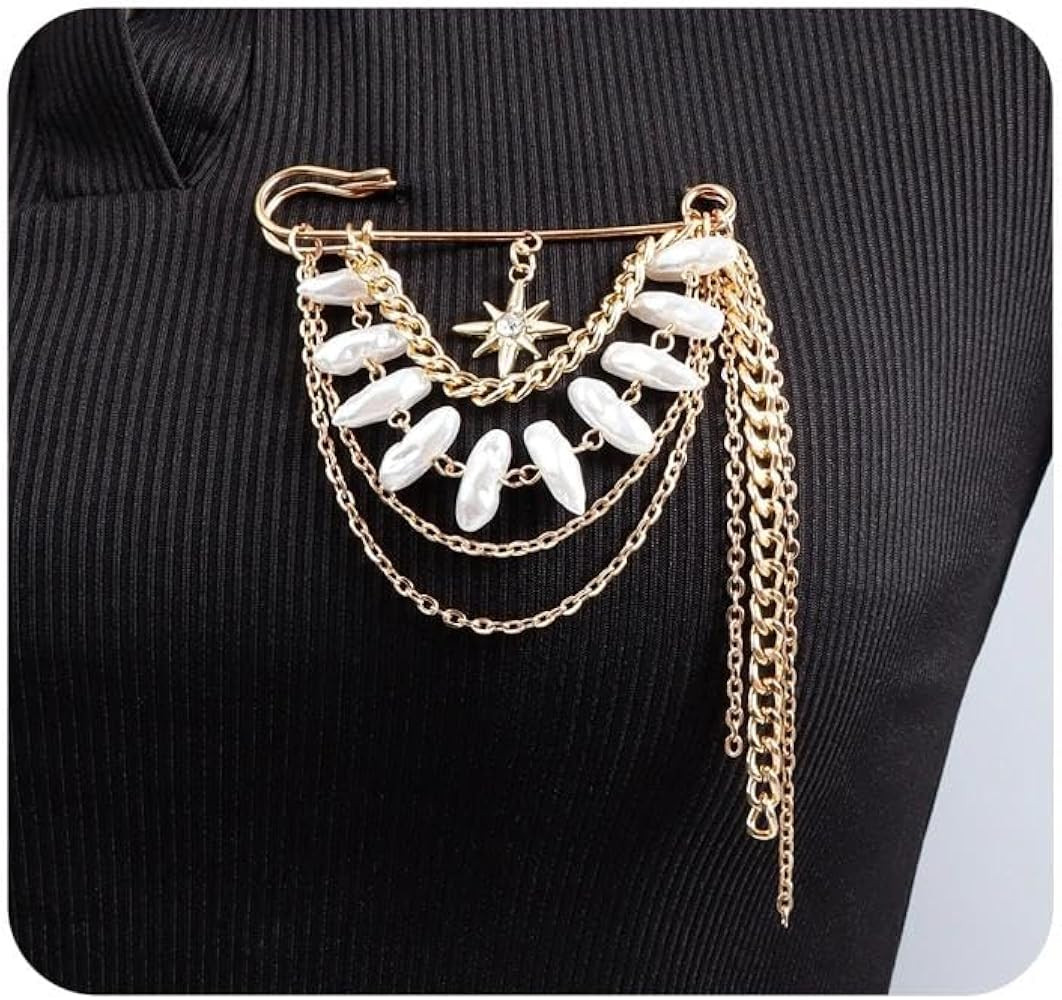 Vintage Gold Zircon Star Tassel Baroque Pearls Pin for Women,Dainty Irregular Pearl Hanging Chain... | Amazon (US)