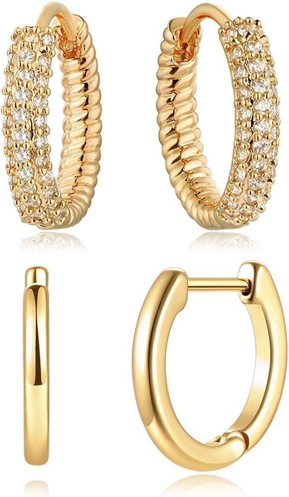 MYEARS Women Earrings Set of 2 Gold Huggie Hoop Chunky Band Twisted Cubic Zirconia Stud Ear Cuff ... | Amazon (US)