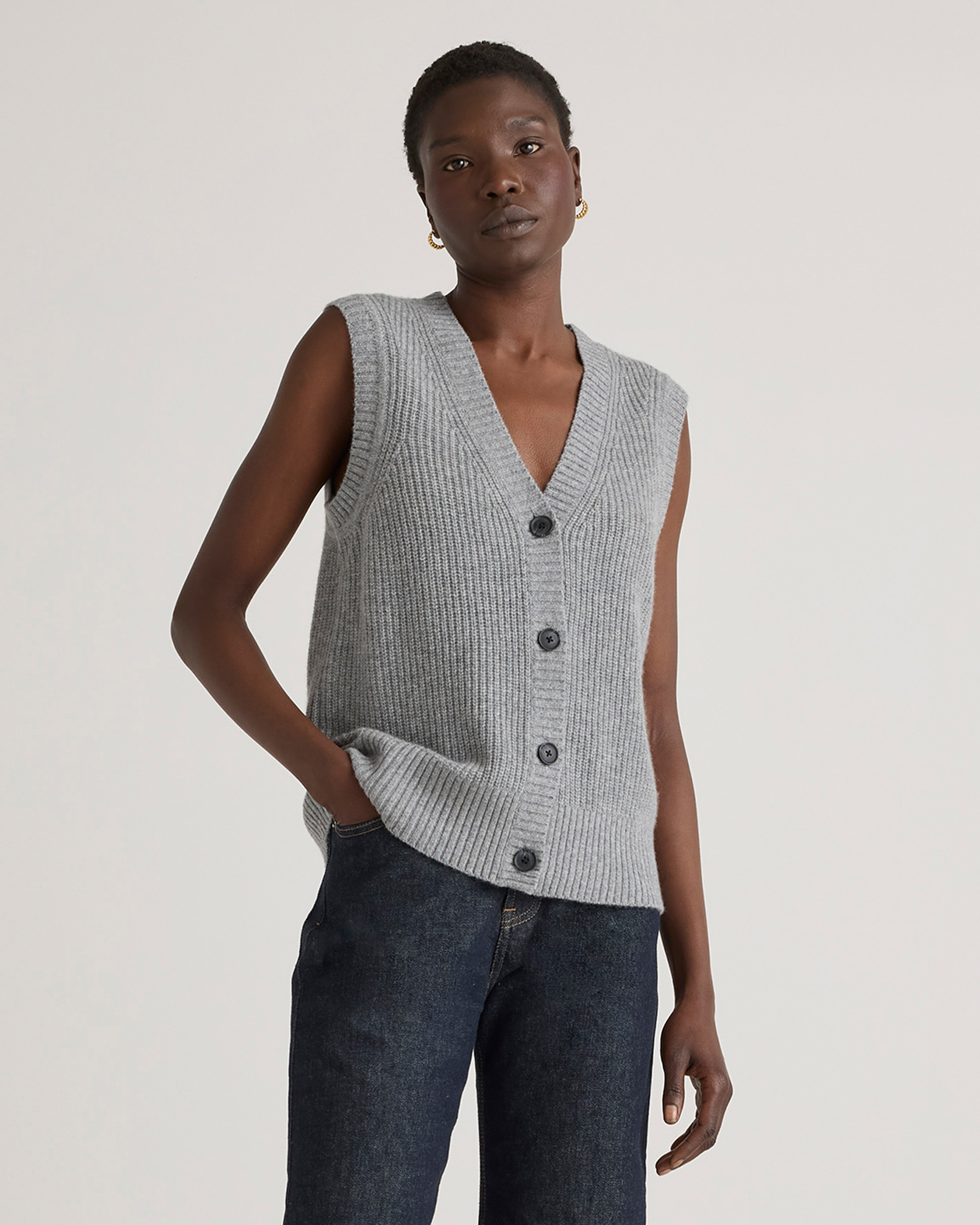 Quince | Women's Mongolian Cashmere Fisherman Sweater Vest in Heather Grey, Size Medium | Quince