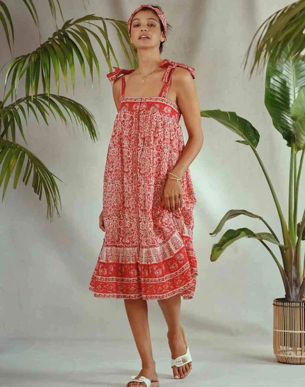 Red Block Print Sundress with Tie Shoulders | Nifty