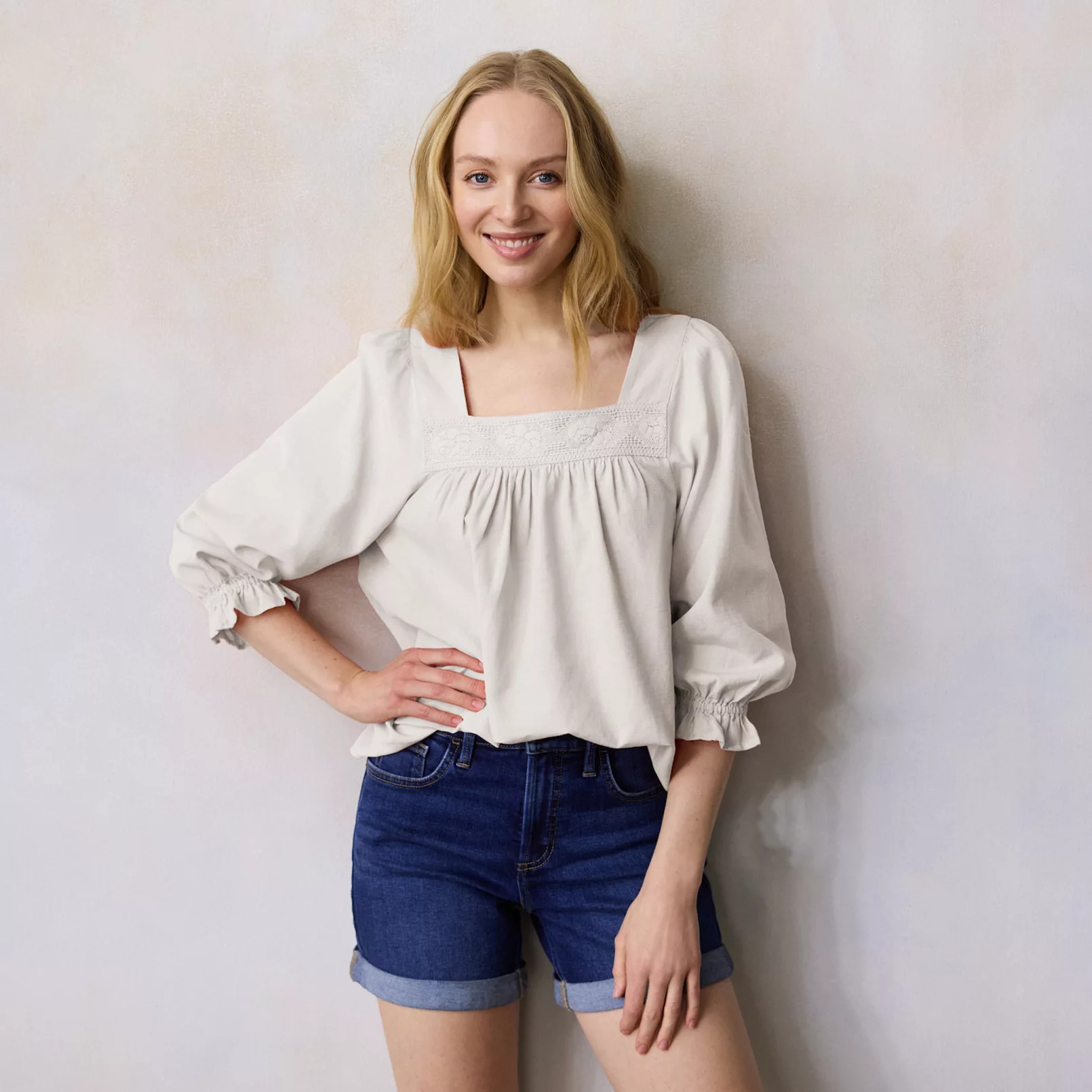 Women’s LC Lauren Conrad Lace Trim Square Neck Peasant Top | Kohl's