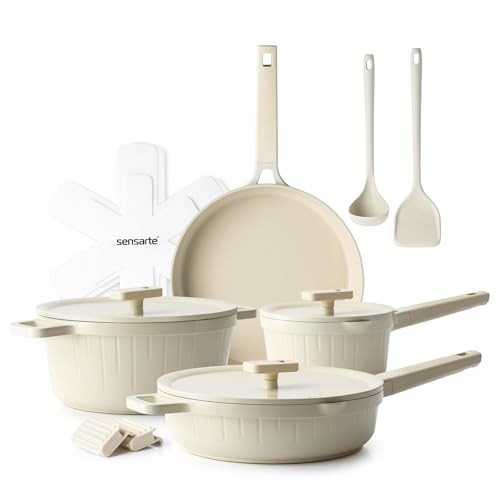 SENSARTE Ceramic Cookware Set Non-toxic 14 Pcs, Nonstick Pots and Pans Set, Dishwasher Safe Induction Cookware, Healthy Kitchen Cooking Set w/Die-cast Lids, PFOA/PFAS/PTFE Free | Amazon (US)