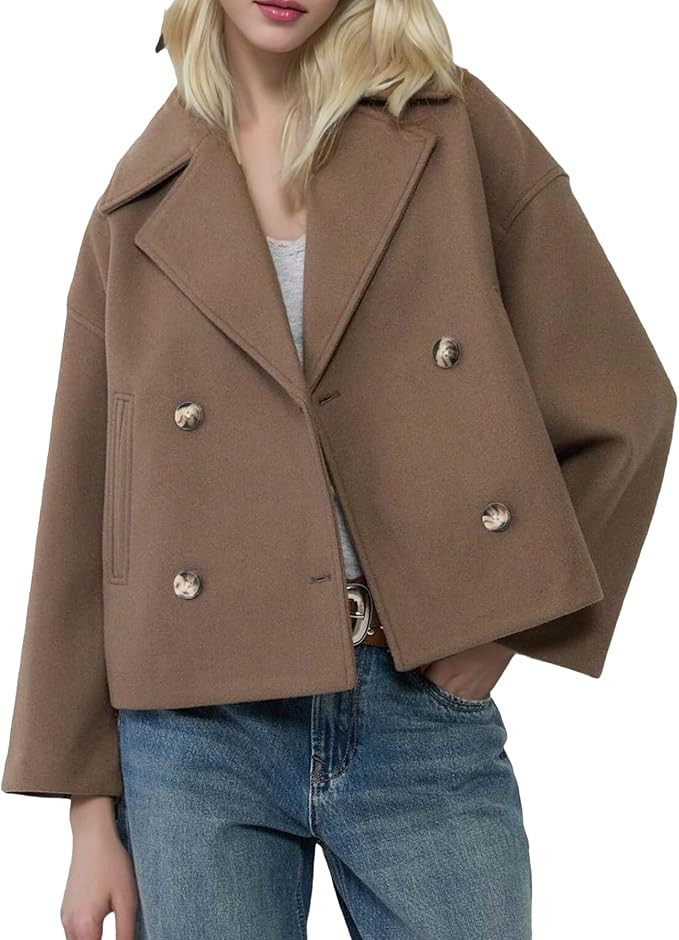 Cropped Trench Coat Women Double Breast Wool Jacket Long Sleeve Notched Lapel Neck Overcoat Cardi... | Amazon (US)