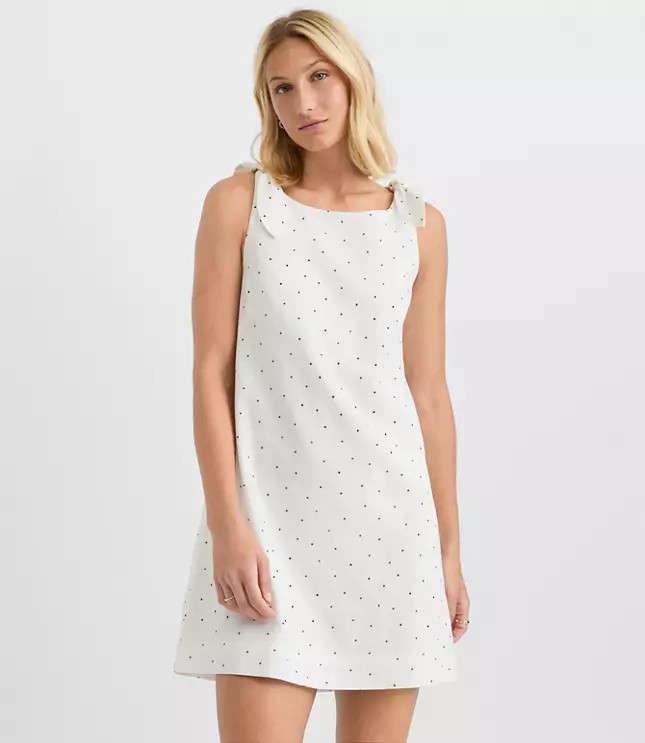 Dotted Linen Cotton Tie Boatneck Mini Dress | LOFT