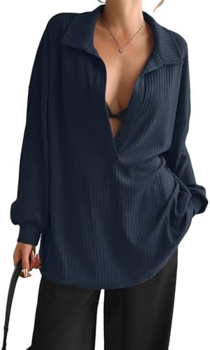 Fisoew Womens Oversized Deep V Neck Sweatshirts Casual Collared Long Sleeve Ribbed Knit Pullover ... | Amazon (US)