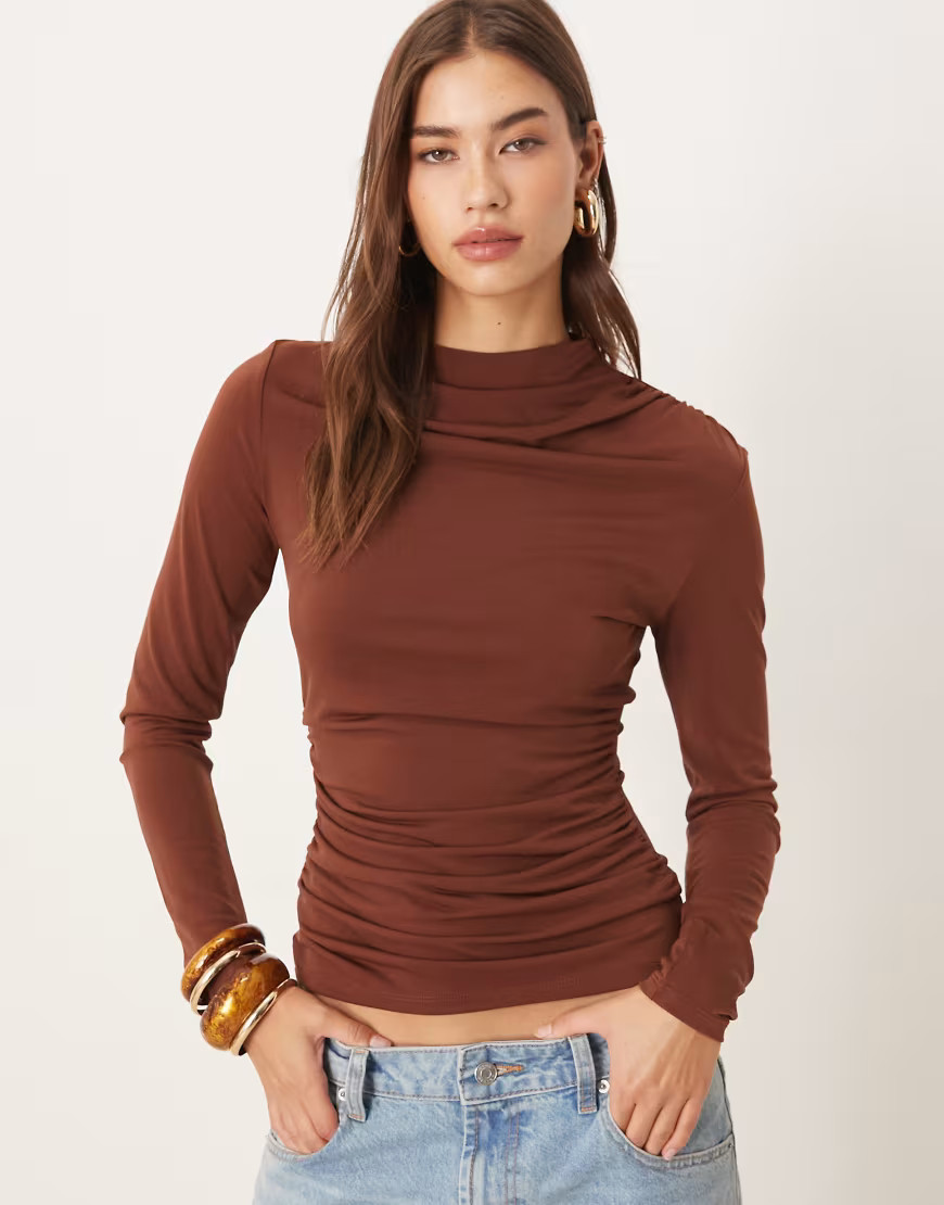 Mango long sleeve top with ruched detail in brown | ASOS (Global)