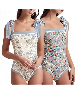 Vintage One Piece Swimsuit for Girs Reversible Floral Tie Print Cute Bathing Suits for Teen Tummy... | Amazon (US)