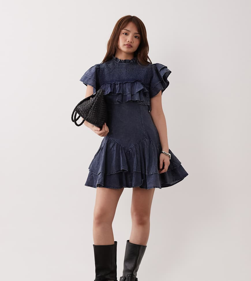ASOS DESIGN Petite high neck ruffle mini dress with shirring in navy wash-Multi | ASOS (Global)