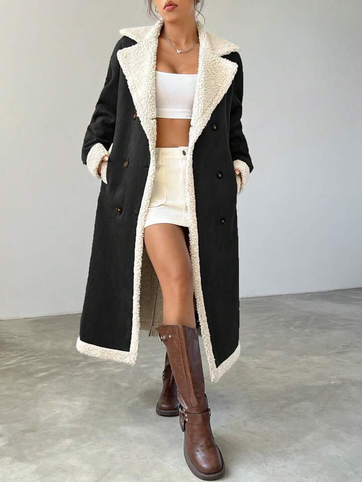 SHEIN EZwear Women's Brown Plaid Plush Turn-Down Collar Double Breasted Coat | SHEIN