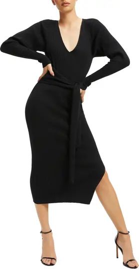Belted Long Sleeve Cotton Blend Rib Body-Con Dress | Nordstrom