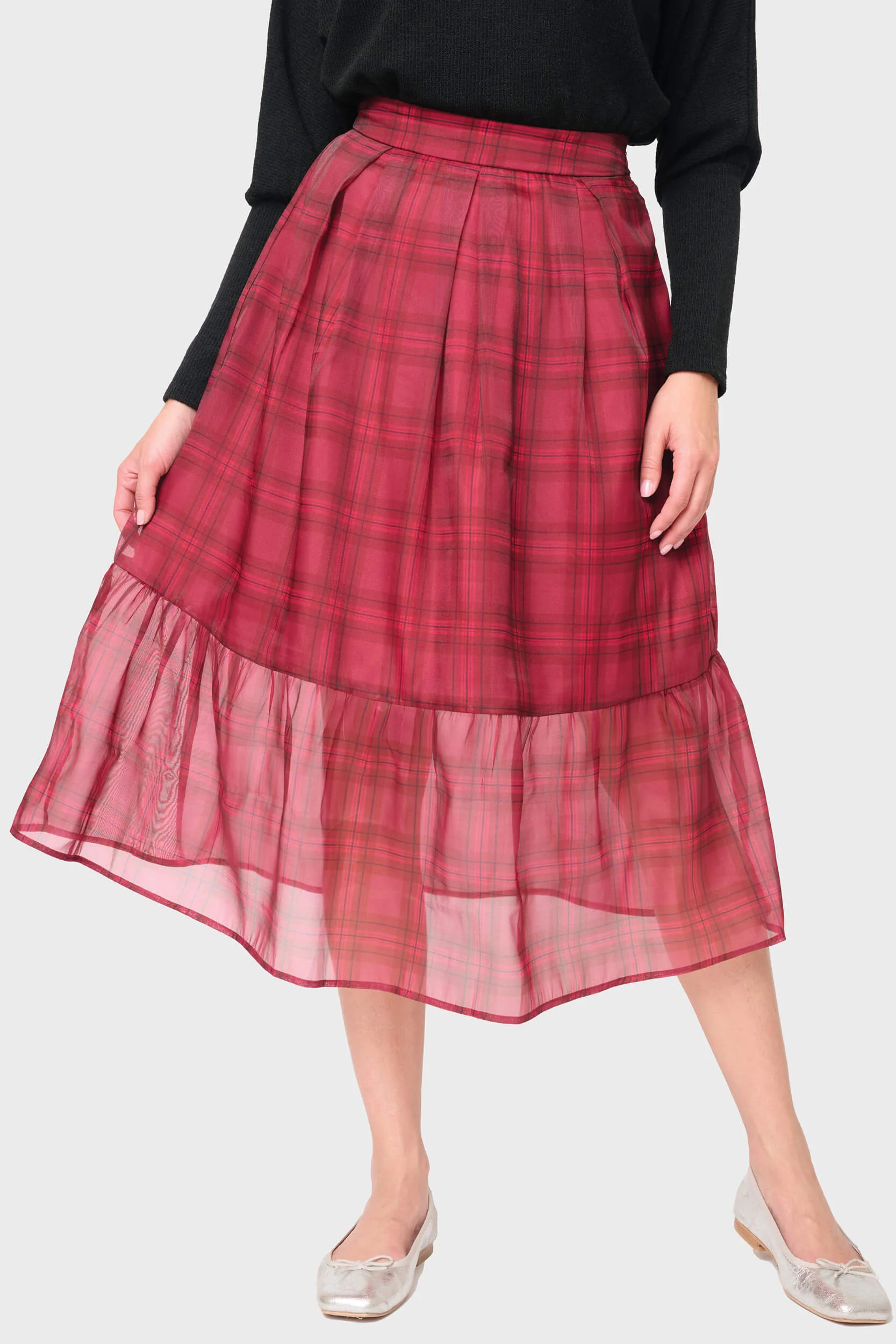 Festive Plaid Organza Tiered Maxi Skirt | Gibson