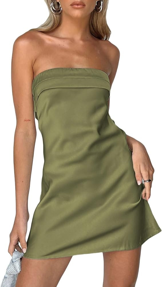 Realtix Womens Satin Silk Backless Strapless Mini Dress Sexy Low Back Tube Club Party Dress for W... | Amazon (US)