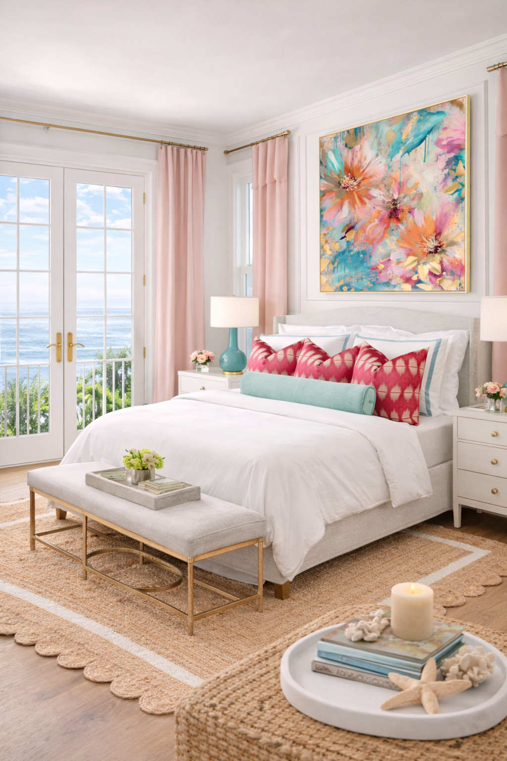 colorful bedroom decor, floral wall art, statement artwork, bold feminine bedroom, pink and turquoise bedroom, coral and teal decor, coastal glam bedroom, beach house chic, preppy coastal decor, palm beach style, southern charm bedroom, gold accents, brass hardware, chic nightstand styling, bedside table decor, layered bedding, patterned pillows, ikat pillows, blush curtains, symmetrical bedroom design, woven jute rug, scalloped rug detail, light and airy bedroom, ocean view bedroom, seaside home decor, bright and happy home, resort style bedroom, glam coastal, feminine home decor, sorority girl bedroom, dorm room inspiration, college apartment decor, bama dorm inspo, university of alabama style, preppy dorm decor, chic apartment bedroom, target home finds, amazon home favorites, pottery barn inspired, curated bedroom styling, aesthetic bedroom inspo, cozy but colorful, elevated dorm room, playful luxe decor, home styling ideas 

 

#LTKU #LTKHome #LTKSaleAlert