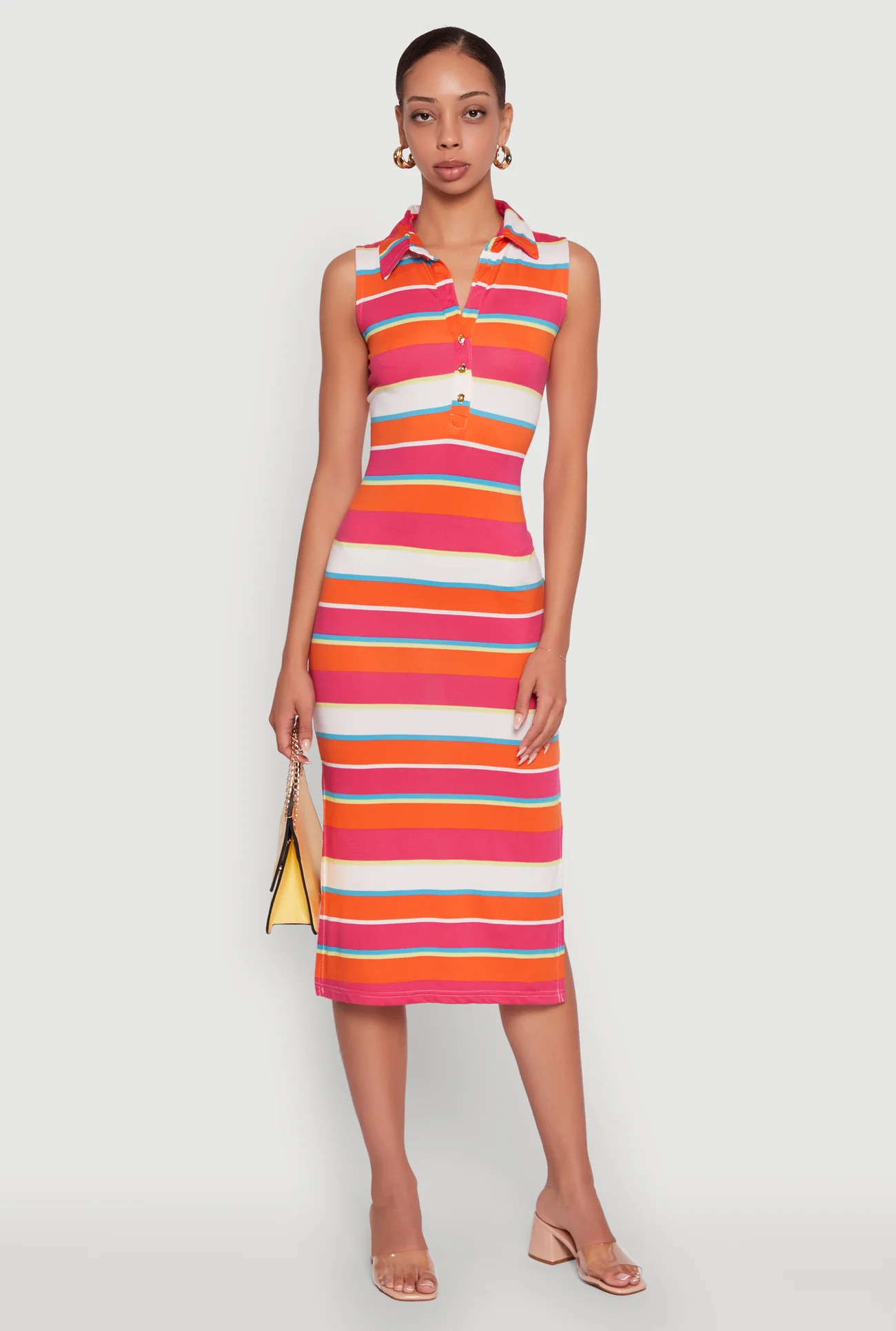 Striped Sleeveless Side Slit Shirt Dress | Rainbow Shops