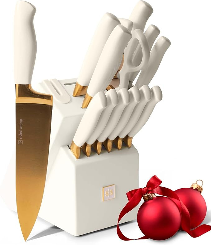 Gold Knife Set with Block Self Sharpening - 14 PC Luxurious Titanium Coated Gold and Off-White Ki... | Amazon (US)