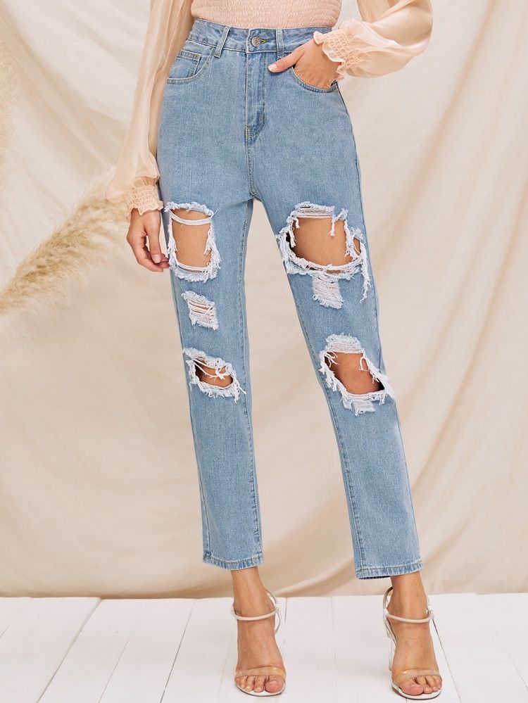 Destroyed Ripped Detail Mom Jeans | SHEIN