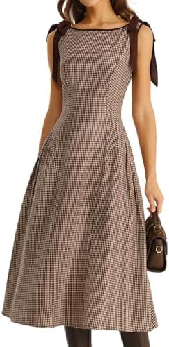 RIHOAS Women's Plaid Gingham Dress Summer Midi Dresses for Women 2026 | Cute,Boat Neck,Bow Tie,A ... | Amazon (US)