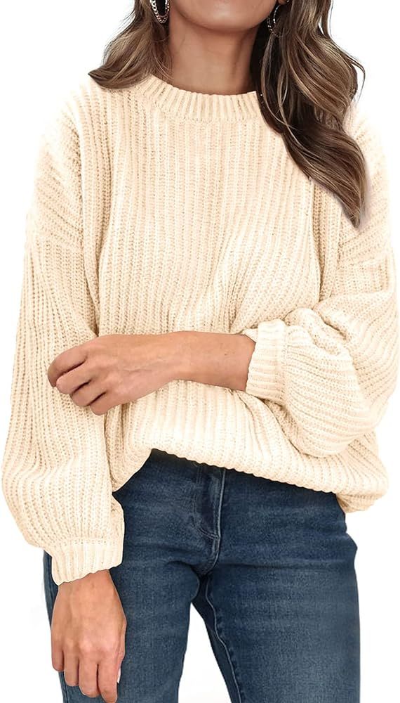 Women's Fashion Sweater Long Sleeve Casual Ribbed Knit Winter Clothes Pullover Sweaters Blouse To... | Amazon (US)