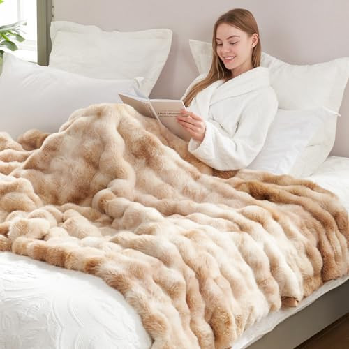 Cozy Bliss Faux Fur Throw Blanket for Couch, Fuzzy Soft Plush Thick Bubble Blanket for Sofa Bedroom Living Room, 60 * 80 Inches Tie-dye Beige | Amazon (US)