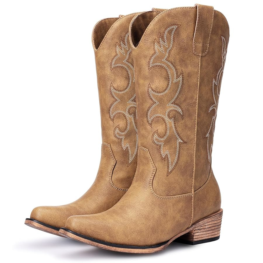 Cowboy Boots for Women - Embroidered Cowgirl Boots Western Mid Calf Fashion Chunky Heel Pointed T... | Amazon (US)