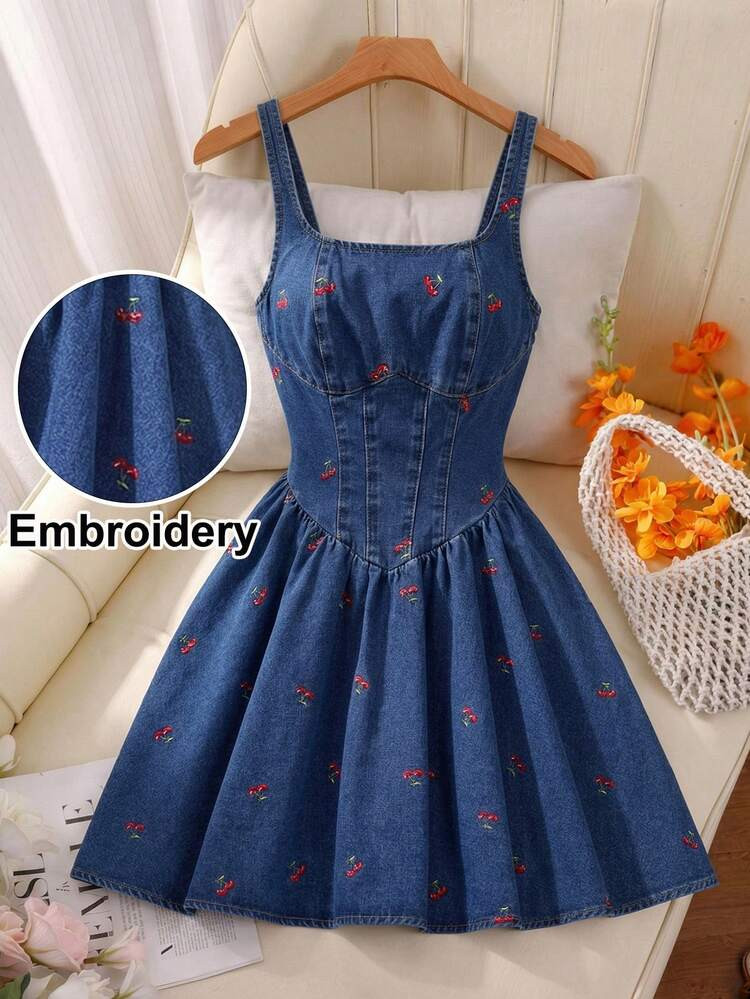 SHEIN MOD Women's Casual Cherry Embroidery Sleeveless Denim Dress,Summer Cute Blueberry Picnic Pr... | SHEIN