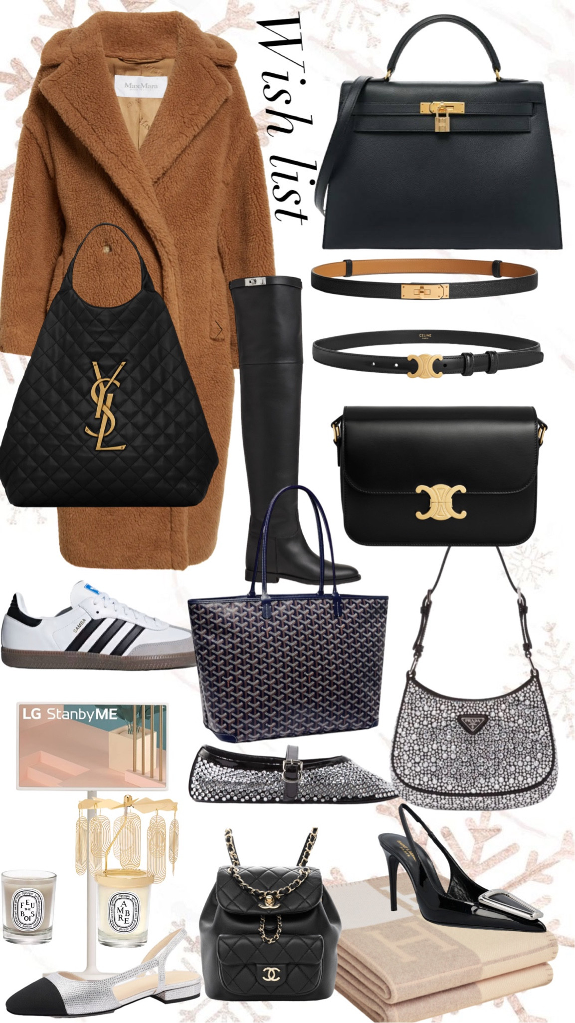 My wish list Christmas gifts holiday gifts 
It bags, shoes, chanel , ysl, Goyard , Celine, sambas, max Mara, Hermes, Alaïa, Samsung portable battery operated tv, #LTKHoliday 

#LTKitbag #LTKGiftGuide