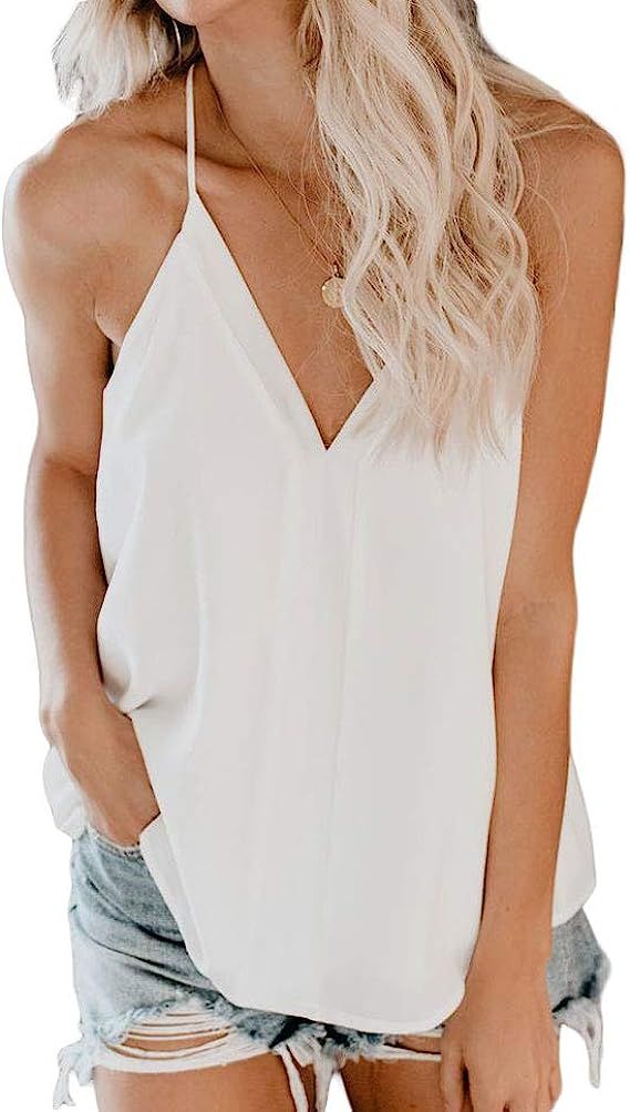 FOROLAV Women's V Neck Tank Tops Chiffon Cami with Adjustable Spaghetti Straps | Amazon (US)