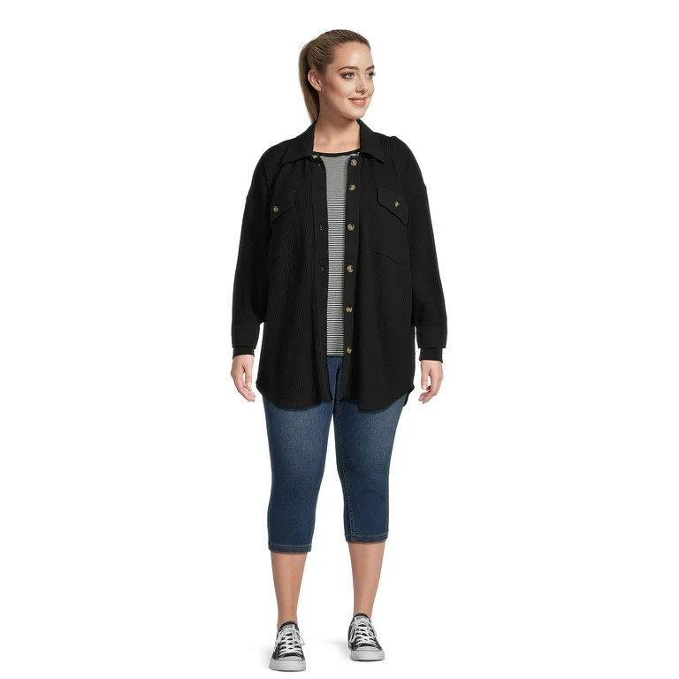 Terra & Sky Women's Plus Size Button Down Waffle Knit Shacket | Walmart (US)
