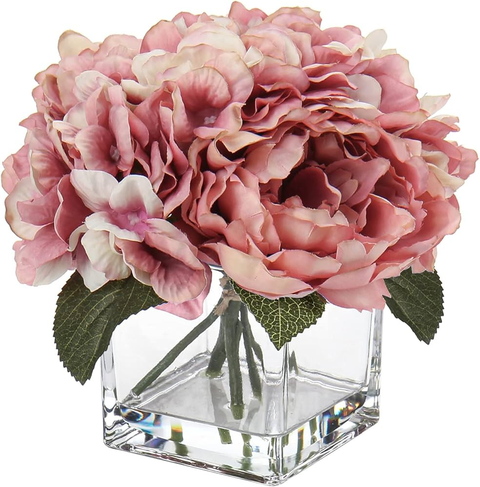 Pink Fake Flowers with Vase Hydrangea Artificial Flowers in Vase Peony Faux Flowers in Vase Rose ... | Amazon (US)