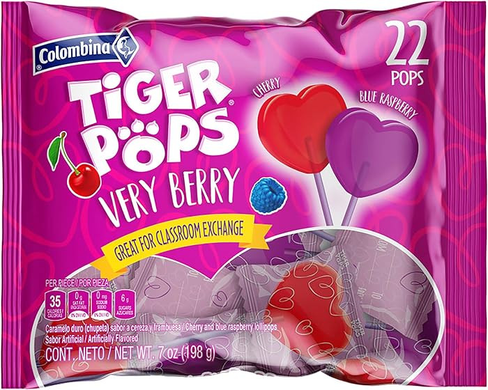 Colombina Very Berry Tiger Pops, Heart-Shaped Individually Wrapped Lollipops for Class Exchange &... | Amazon (US)