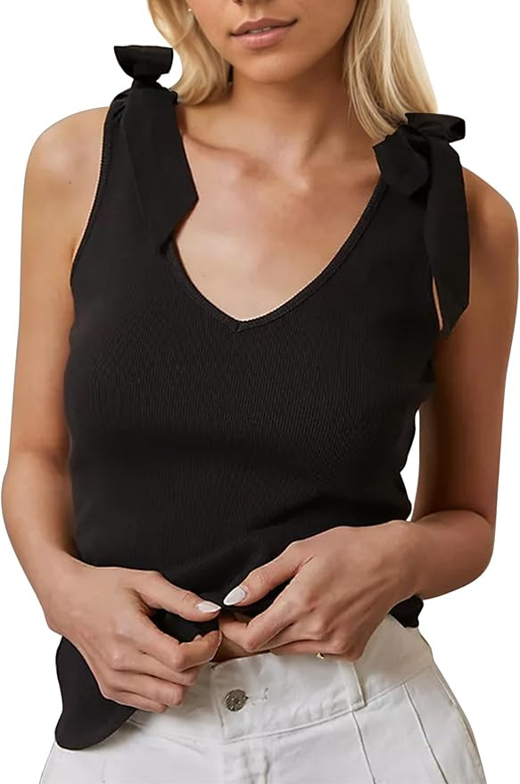 MISSACTIVER Women Sleeveless Bow Tie Shoulder Strap Tank Top Cute Casual Deep V Neck Tie Strap Kn... | Amazon (US)