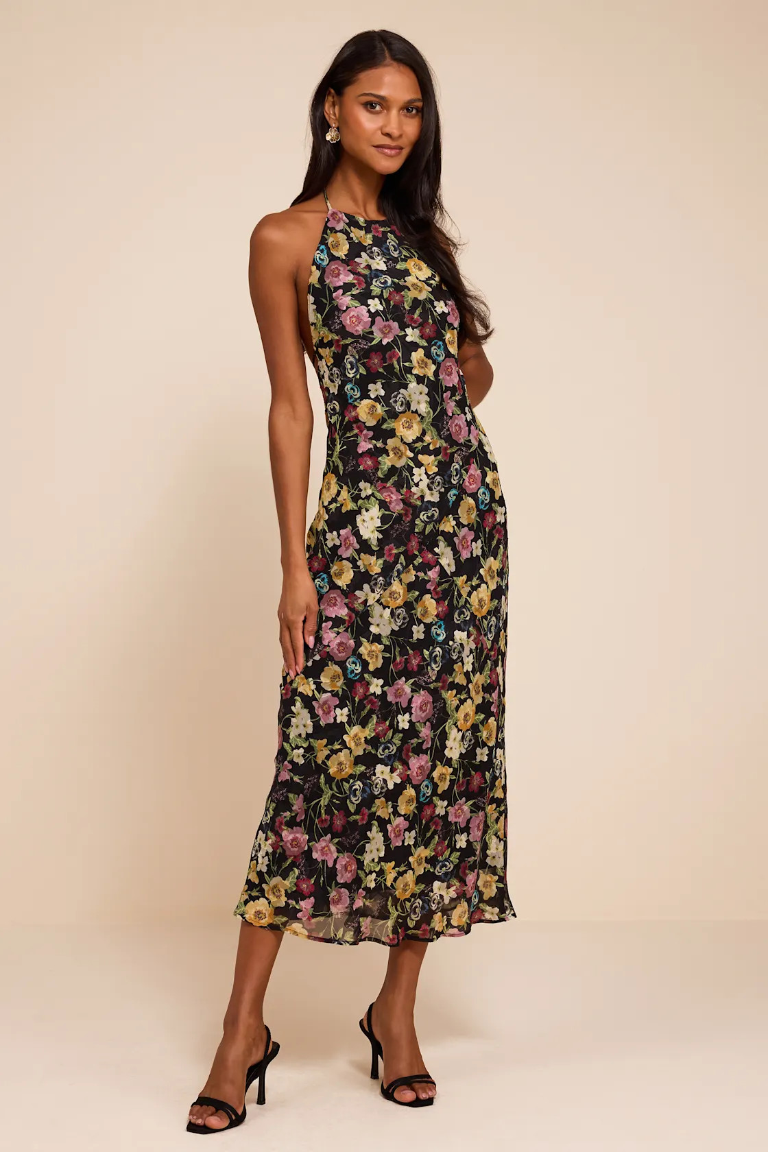 Mae Black Multi Floral Backless Midi Dress | Lulus