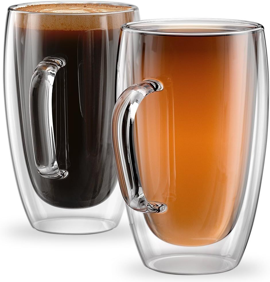 Stone & Mill Set of 2 Large Double Walled Glass Coffee Cups, 15 Ounce Sicilia Collection, Tall In... | Amazon (US)