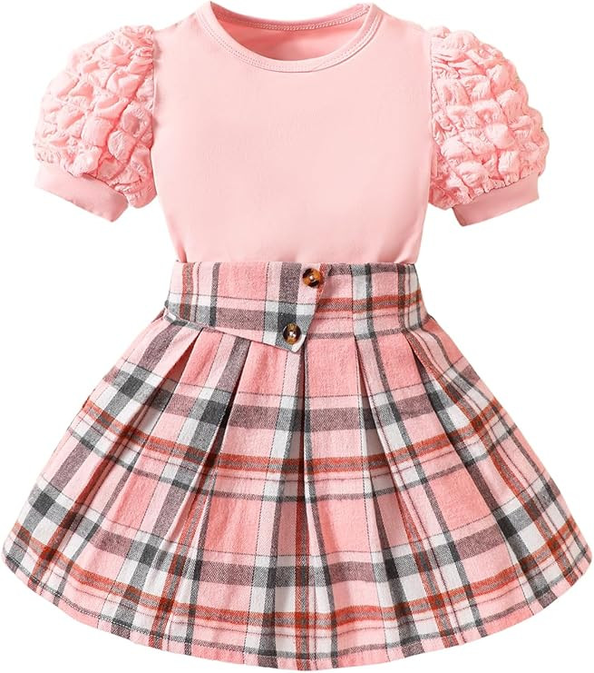 OYOANGLE Girl's 2 Piece Short Puff Sleeve T Shirt and Plaid Print Pleated Short Skirt Set Princes... | Amazon (US)