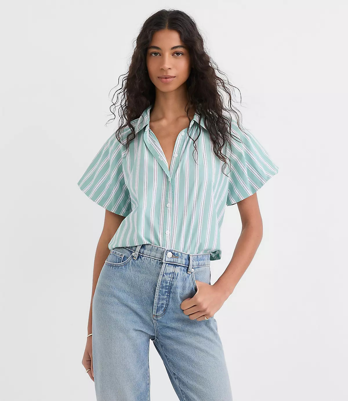 Striped Poplin Bubble Sleeve Shirt | LOFT