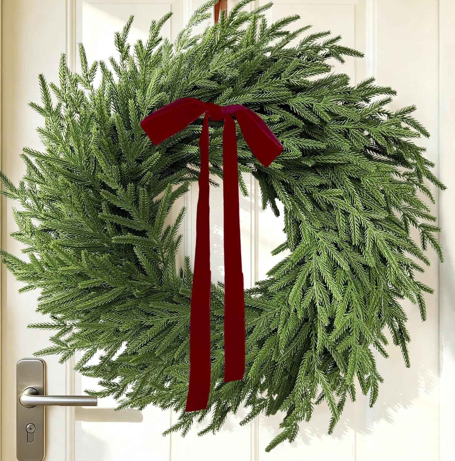 26 Inch Real Touch Norfolk Pine Wreath Christmas Decorations for Front Door, Fake Plants Green Christmas Wreath Home Decor, Xmas Decor Indoor Outdoor for Mantel Fireplace Wall Holiday Winter Decor | Amazon (US)