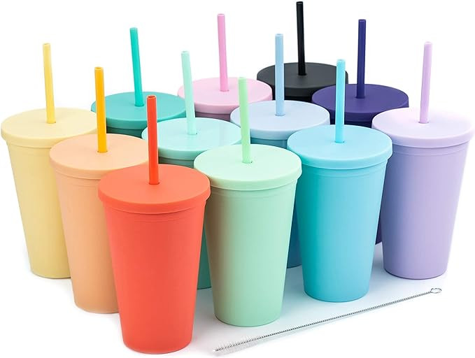 Tumblers with Lids (12 pack) 16oz Colored Acrylic Cups with Lids and Straws | Double Wall Matte P... | Amazon (US)