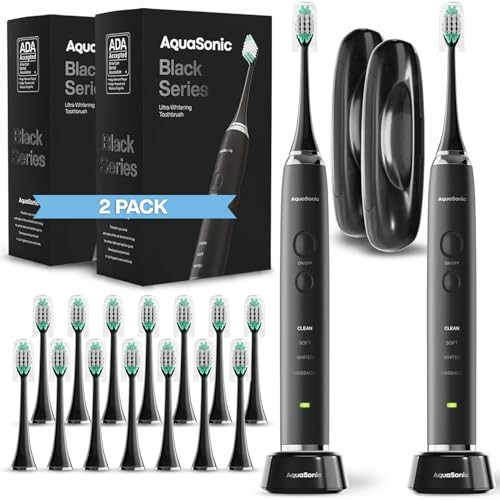 Aquasonic Black Series Ultra Whitening Toothbrush – ADA Accepted Electric Toothbrush- 8 Brush Heads & Travel Case – 40,000 VPM Electric Motor & Wireless Charging - 4 Modes w Smart Timer (Pack of 2) | Amazon (US)
